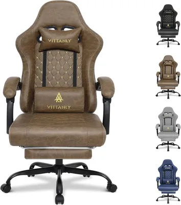 Produktbild von 1 Stück Gaming Stuhl,Mit Kissen,Taillenkissen und Fußpedalen,Ergonomischer Gaming Sessel,Bürostuhl,Schreibtischstuhl,Höhenverstellbar Stuhl,Braun.