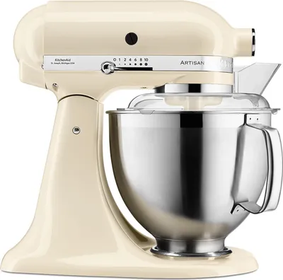 A cream-colored KitchenAid Artisan stand mixer is shown from a side-front angle against a white background.