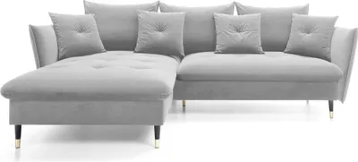 Produktbild von DomoHome Ecksofa GLAM mit Schlaffunktion, Freistehend, Ottomane und Goldenen Füßen – Samtsofa im Glamour-Stil für Ihr Wohnzimmer, mit Zierkissen, 258x167x91cm, Linke Seite HELL GRAU