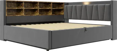 Produktbild von okwish Tagesbett 140×200 mit Nachtlicht und Bettkasten, Polsterbett mit USB und Typ-C, Kinderbett mit Staufächern,Dunkelgrau,ohne Matratze