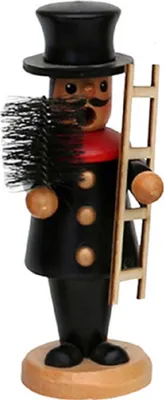 Räuchermännchen Schornsteinfeger mit schwarzen Frack, roten Kragen, Zylinderhut und einer Leiter.