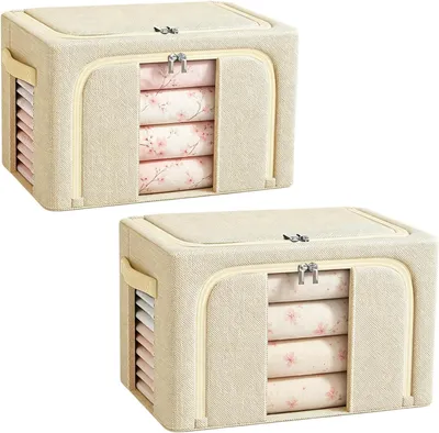 Productafbeelding van Opbergdozen voor kleding - Set van 2 - 66 l - 50 x 40 x 33 cm - Opvouwbaar - Metalen frame - Beige