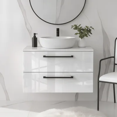 Obrázok produktu pre Umyvadlo so spodnou skrinkou ONE, 2 veľké zásuvky, biela lesklá, 80x50x46, závesné, kúpeľňový nábytok, kúpeľňa, kúpeľňový nábytok, skrinka pod umývadlo
