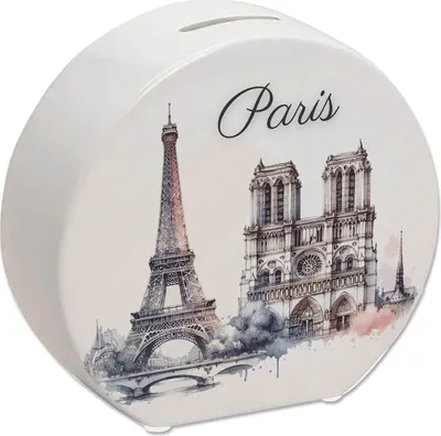 Produktbild von Spardose aus Keramik mit Pariser Wahrzeichen, Eiffelturm & Notre-Dame, bunt bedruckt, 13x14x5 cm