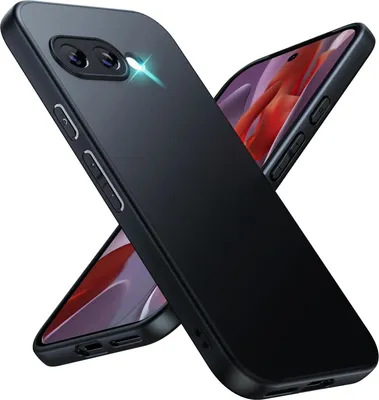 A black phone case is shown in a studio shot, with another phone visible underneath.
