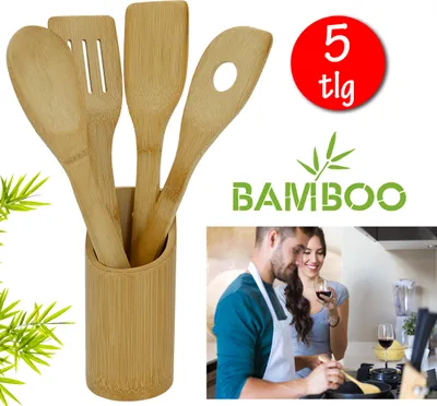 Produktbild von Kochlöffel Bambus 5-teilig Holz Löffel Salatbesteck Pfannenwender Küchen Besteck
