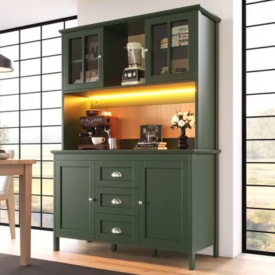 Zdjęcie produktu dla Szafka kuchenna 120 x 40 x 179 cm z brązowymi szklanymi drzwiami, oświetleniem LED, regulowanymi półkami, szufladami i otwartą przestrzenią do przechowywania, komoda, zielona