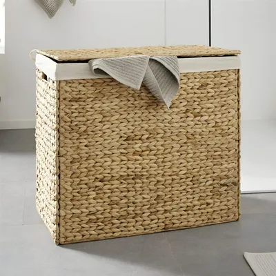 Produktbild von Wäschekorb mit Deckel, faltbar, 2 Fächer, Wäschesammler aus Wasserhyazinthe geflochten, Wäschebox, herausnehmbarer Wäschesack aus Baumwolle