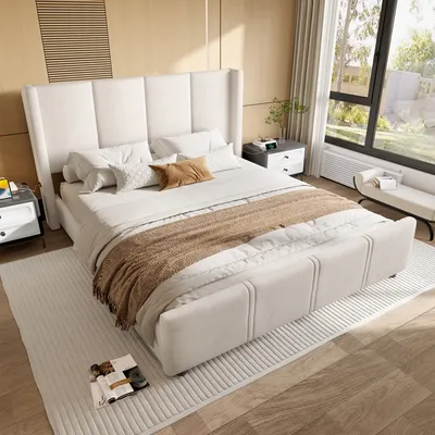 Produktbild von Flieks Polsterbett 160x200cm mit USB und Type-c, Doppelbett Klassisches Bett mit Lattenrost, Jugendbett Kinderbett Holzbett, Samt, Beige