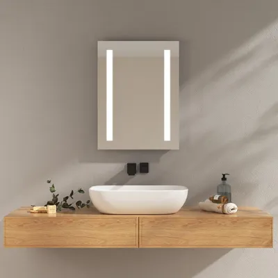 Immagine prodotto di EMKE Specchio da bagno 45x60cm Specchio da bagno con illuminazione a LED Interruttore a pulsante e antiappannamento 2 colori di luce Bianco caldo/Bianco freddo Specchio illuminato IP44 Specchio da parete a risparmio energetico