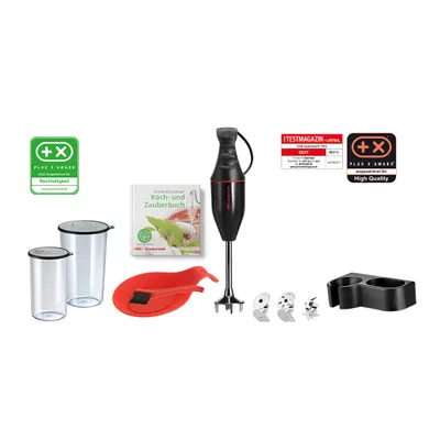 Das ESGE Zauberstab M100 Premium-Set 9142600 umfasst einen schwarzen Stabmixer, Mixaufsätze, zwei Be