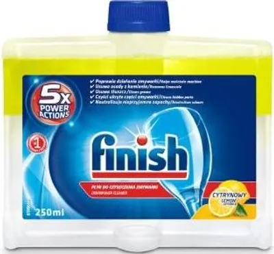 A bottle of Finish dishwasher cleaner with lemon scent.
