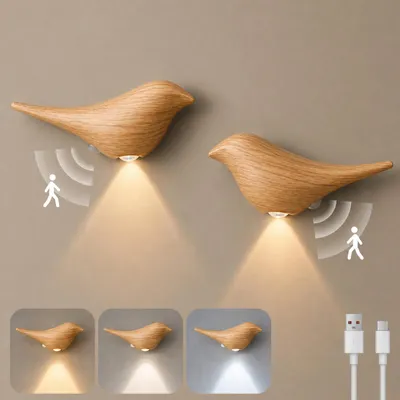 Produktbild von 2er Set Aufladbare LED Nachtlicht mit Bewegungsmelder 3 Farbtemperaturen Magnetische Wandleuchte für Schlafzimmer, Flur, Treppenhaus – Holzoptik