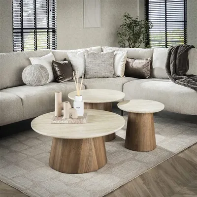 Produktbild von Hoyz Collection - Romano Couchtisch mit konischem Bein - Keramik-Travertin - 3er-Set