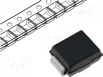 A black electronic component, likely a diode, is shown next to a diagram of a reel of electronic components.