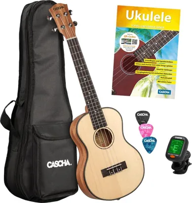Produktbild von Cascha HH2155 Solid Top Tenor Ukulele Bundle +Tasche+Lehrbuch+Stimmgerät+3xPlek