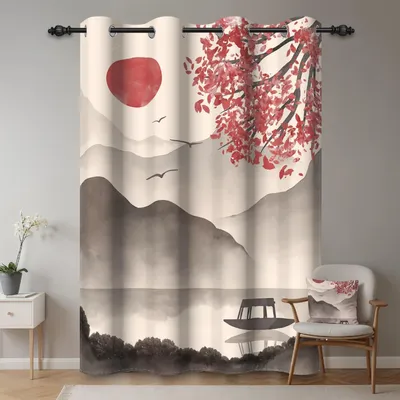 Productafbeelding van X 160 cm traditionele inkt schilderij gordijn berg zon boom Chinees schilderij landschap thermische doorvoertule kamerverdelers verduisterende