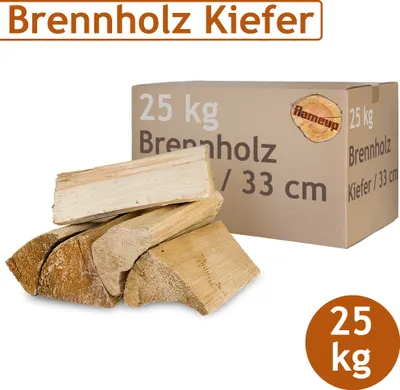 Obrázek produktu pro Borovice Palivové dřevo Palivové dřevo 25 kg Pro kamna a krb Ohnivá mísa Grilovací polena Palivové dřevo Dřevo 33 cm sušené v peci Flameup