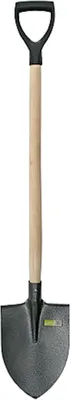 A shovel with a wooden handle and a black metal head is shown against a white background.