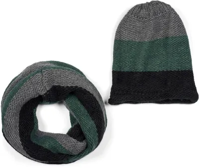 Produktbild von styleBREAKER Uni Strick Loop Schal und Mütze Set mit Streifen Muster, Strickschal mit Beanie Strickmütze, Winter 01018215
