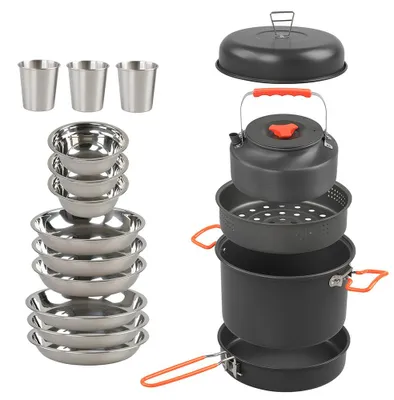 Produktbild von Camping Kochgeschirr Essgeschirr aus Aluminiumlegierung, Topf, Pfanne, Dampfschale, Schš¹ssel, Tasse und Wasserkocher mit Topfdeckel