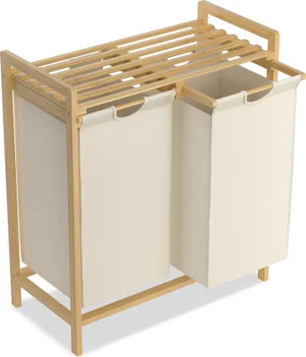 Produktbild von JOIEYOU Wäschekorb 2 Fächer 36L Wäschesammler Wäschesortierer mit Bambus Oberem Rega und Griffen Wäschebox Wäschesack aus Oxford-Gewebe für Waschküche Bad, Beige
