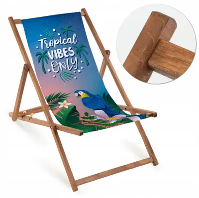 Produktbild von Holz Strandliegestuhl "Tropical Vibes Only" mit Buchenholzgestell – Klappbare Gartenliege für Strand & Garten