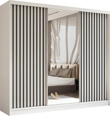Produktbild von BEAUTYSOFA Schrank mit Lamellen HELIX 240cm - Kleiderschrank im modernes Stil Garderobe mit Schwebetüren & Spiegel (Weiß + Schwarz)