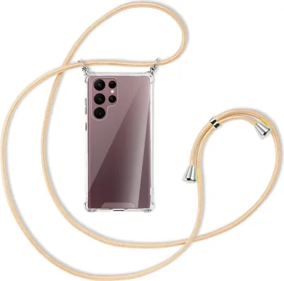 Produktbild von Handykette Backcover-Schutzhülle mit Band (Metall silberfarben) für Samsung Galaxy S22 Ultra 5G (S908) - Goldkordel