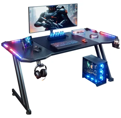 Obrázok produktu pre Herný stôl – počítačový stôl, 140 cm – Z-tvarová kovová konštrukcia – LED osvetlenie – Ergonomická herná doska – Držiak na poháre a háčik na slúchadlá