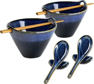 Produktbild von Famanu Ramen-Schüssel Set mit 2 Schalen, 2 Löffeln und Haltern - Blau