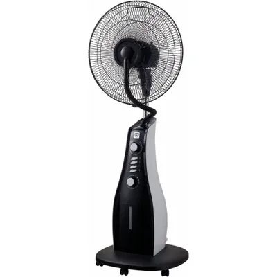 A black and white stand fan with a misting function against a white background.