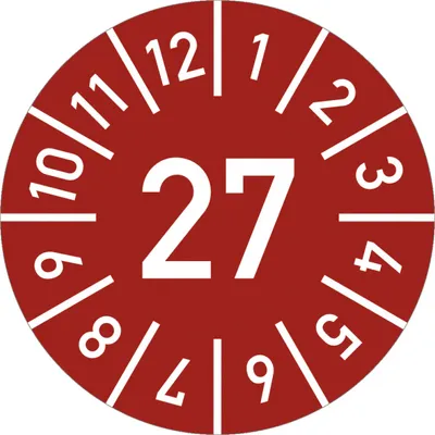 Produktbild von Dreifke® Prüfplakette Jahr 27 mit Monaten, rot, Folie, Ø 10 mm, 10 St./Bo.
