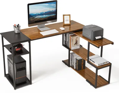 Produktbild von Mondeer Schreibtisch Computertisch L-Förmig Eckschreibtisch mit 360 Grad drehbarem Bücherregal und 2 Ablagen Bürotisch Arbeitstisch 135.5x110x75.5 cm