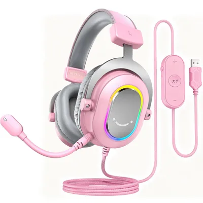 Produktbild von FIFINE Gaming Headset mit Mikrofon Over Ear Kopfhörer mit Kabel USB Headset, Rosa