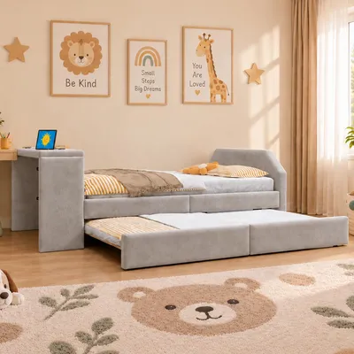 Produktbild von Flieks Polsterbett 90 x 200 cm mit Schreibtisch, Einzelbett mit ausziehbarem Gästebett, Kinderbett mit USB-Ladeanschluss, Grau, Samt+Holz+Metall