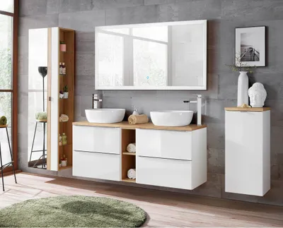 Produktbild von Badmöbel Set mit Doppel-Waschtisch und 140cm LED-Spiegel TOSKANA-56 Hochglanz weiß mit Wotaneiche, BxHxT ca. 260/190/46cm
