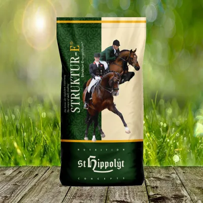 A bag of horse feed with an image of two riders on horses jumping.