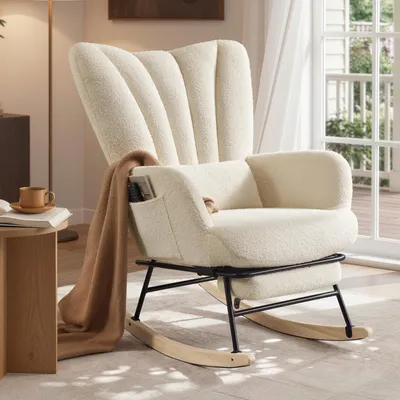 Produktbild von SONGMICS Schaukelstuhl mit ausziehbarer Fußstütze, Schaukelsessel, Holzbeine, Kissen, für Wohnzimmer, Fleece, creme