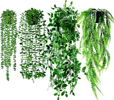 Produktbild von 4 Stück Künstliche Hängepflanzen mit Töpfen, Künstliche Pflanzen Rebe Kunstpflanzen hängend Plastik Hängepflanzen für Startseite Wand Regal Badezimmer Büro Innen Außenbereich Nachbildung