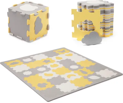 A collage of images showing a 3D puzzle foam mat, a stack of puzzle pieces, and a fully assembled mat.