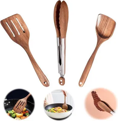 Obrázek produktu pro Sada dřevěných kuchyňských nástrojů – dřevěná a nerezová stěrka a vařečka – kuchyně, restaurace – odolné vůči vysokým teplotám – 30 cm dřevěné kuchyňské nástroje