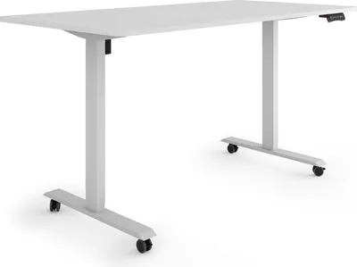 Produktbild von ESMART Germany ETX-121GG 160x80cm Hellgrau Ergonomischer Steh-Sitz-Schreibtisch auf Rollen Stufenlos elektrisch höhenverstellbar 78,5-128,5cm 3x Memory Aktivitätserinnerung Soft-Start/Stopp