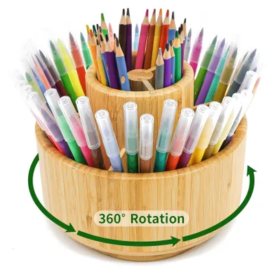 Bambus-Stiftehalter, rotierend, 8 Fächer, 420 Stifte, Schreibtisch-Organizer