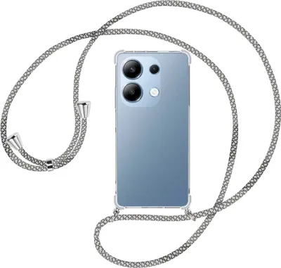 Produktbild von Handykette Backcover-Schutzhülle mit Band (Metall silberfarben) für Xiaomi Poco M6 Pro (6.67'') - weiß/grau kariert