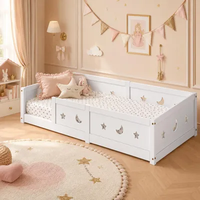 Produktbild von INONEFT Bodenbett 90x200cm mit rausfallschutz, kinderbett mit lattenrost, montessori einzelbett bettgestell massiv kiefernholz, weiß, ohne matratze