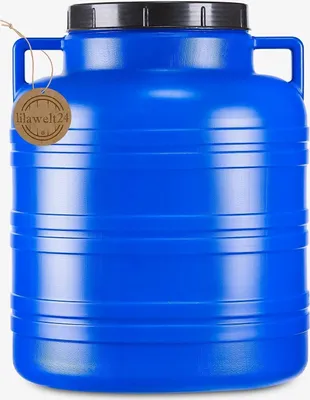 A blue plastic fermentation barrel with a black lid and two handles, with a small circular tag hanging from one handle.