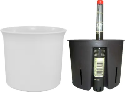 A white planter pot and a black self-watering planter pot with a water level indicator are shown side-by-side against a white background.