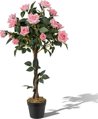 Produktbild von 93 cm Rosenbaum mit 21 Kiefernrosen & Natürlicher Stamm Kunstbaum mit Blüten