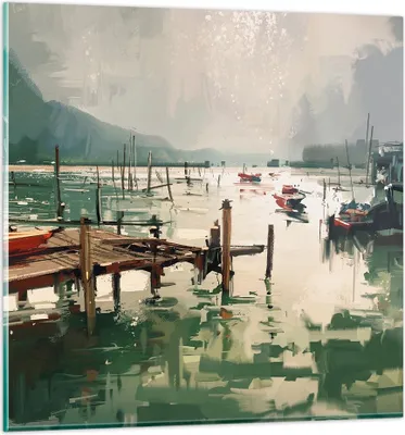 Produktbild von Bilder auf glas - Boot Ufer Brücke - 30x30cm - Glasbilder - Wandbilder - Kunstdruck - zum Aufhängen bereit - Wanddekoration aus Glas - Glas Bilder - Wandbild auf Glas - Einteilig - GAC30x30-3829
